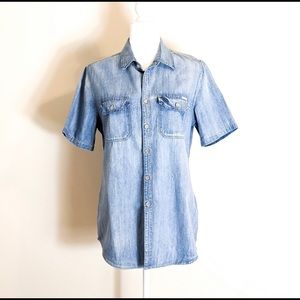 Mother Chambray Button Down Short Sleeve Top